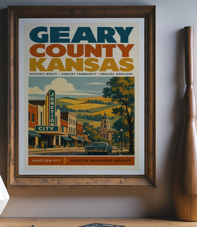 Geary County Kansas poster with Junction City illustration and text.