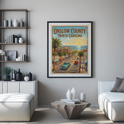 Framed vintage poster of Jacksonville, North Carolina, depicting a coastal town scene.