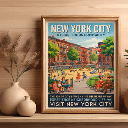 New York City poster with people in a park and buildings.