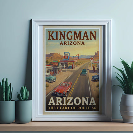Kingman Arizona Route 66 poster with vintage cars and diners.