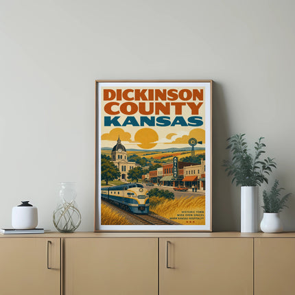 Vintage poster for Dickinson County, Kansas, featuring a train and windmill.