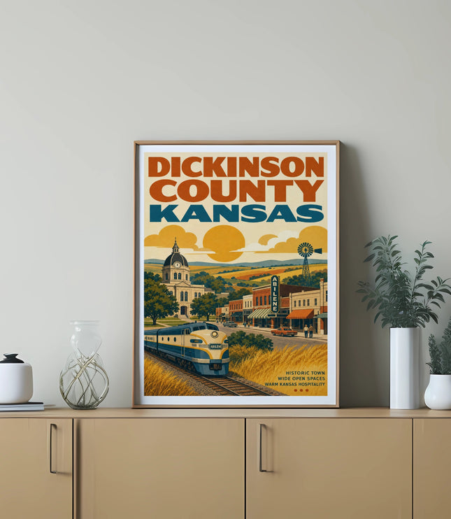 Vintage poster for Dickinson County, Kansas, featuring a train and windmill.