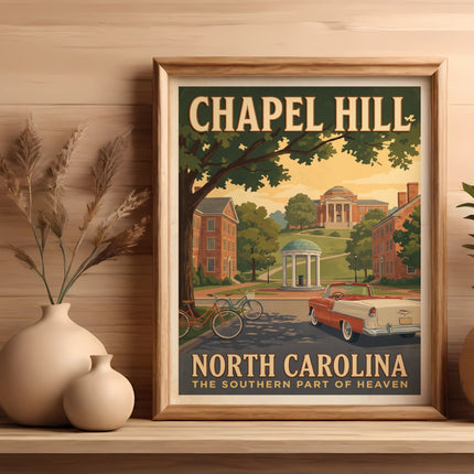 Chapel Hill North Carolina poster with vintage car, bicycles, and buildings.