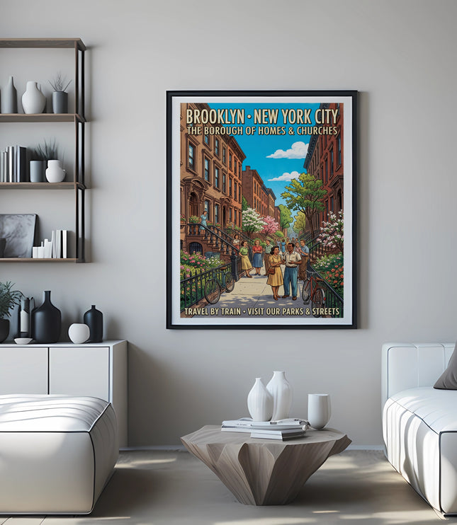 Brooklyn New York City travel poster with borough homes and churches.