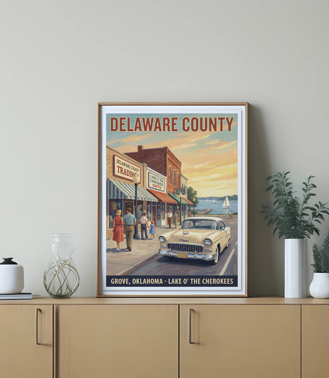 Delaware County, Oklahoma retro poster featuring shops, a classic car, and Lake O' the Cherokees.