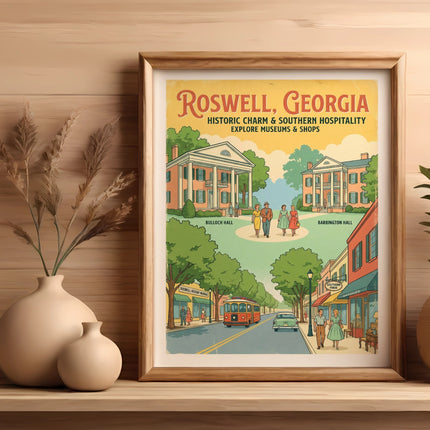Roswell, Georgia historic charm poster with buildings, shops, and a trolley.