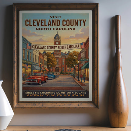 Vintage poster of Cleveland County, North Carolina downtown square with text.