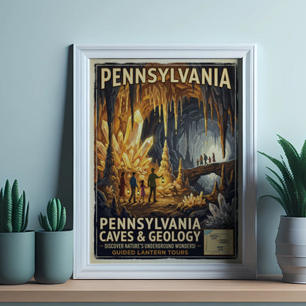 Pennsylvania Caves & Geology poster with guided lantern tours advertised.