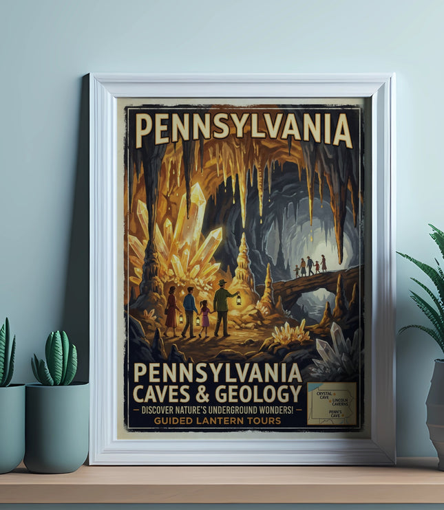 Pennsylvania Caves & Geology poster with guided lantern tours advertised.