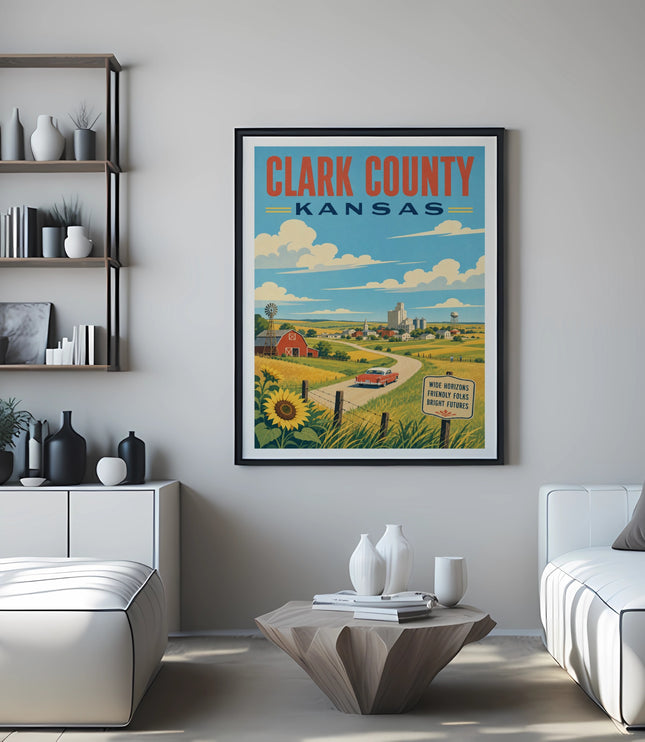 Poster of Clark County, Kansas farm landscape with text.
