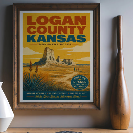 Logan County Kansas Monument Rocks poster with WIDE OPEN SPACES text.