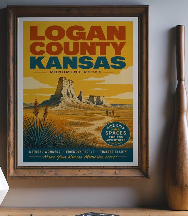 Logan County Kansas Monument Rocks poster with WIDE OPEN SPACES text.