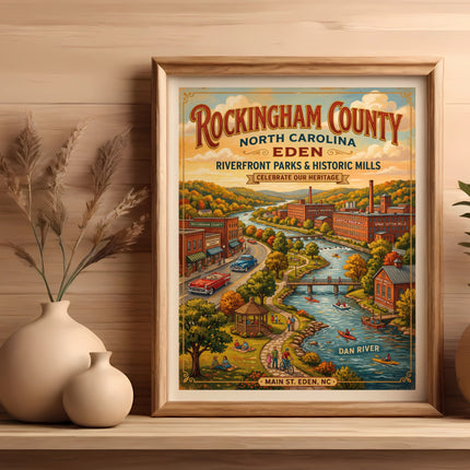 Framed artwork of Rockingham County, Eden, NC, with riverfront parks and historic mills.