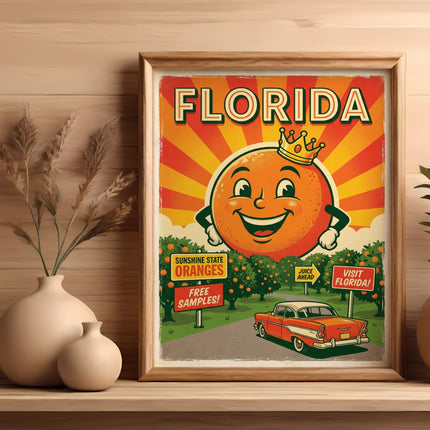 Vintage Florida orange poster with car, sun, and text "Visit Florida".