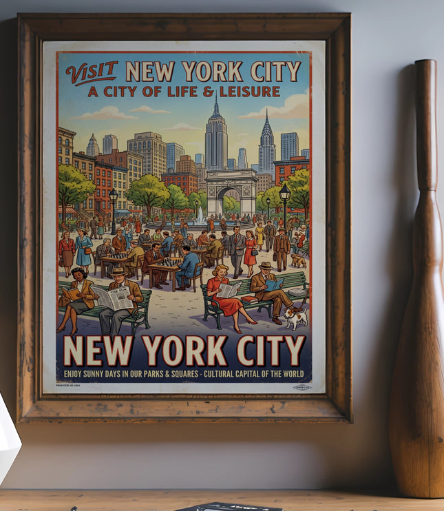 New York City travel poster featuring a park scene with people and iconic buildings.