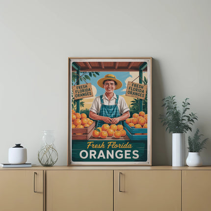 Man in straw hat sells fresh Florida oranges from crates.