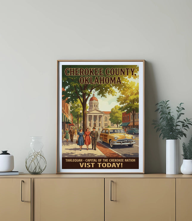 Vintage poster of Cherokee County, Oklahoma with Tahlequah and a classic car.