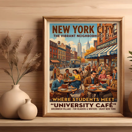 New York City University Café poster with students reading and drinking coffee.
