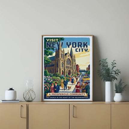 Retro poster: "Visit New York City" with church and people.
