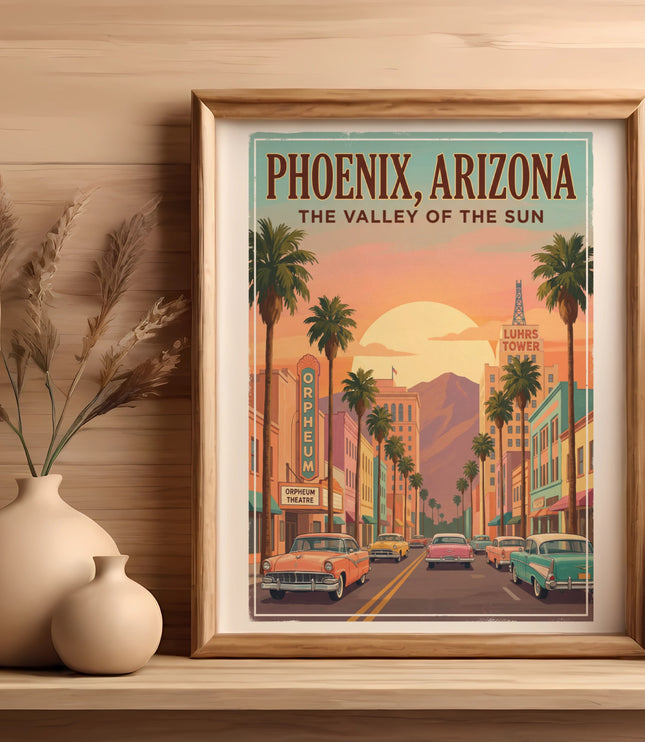 Phoenix, Arizona retro poster with vintage cars and the Luhrs Tower.