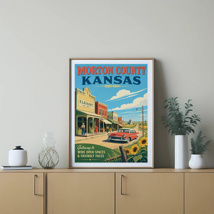 Vintage poster of Elkhart, Kansas, with a red car and text "Morton County Kansas".