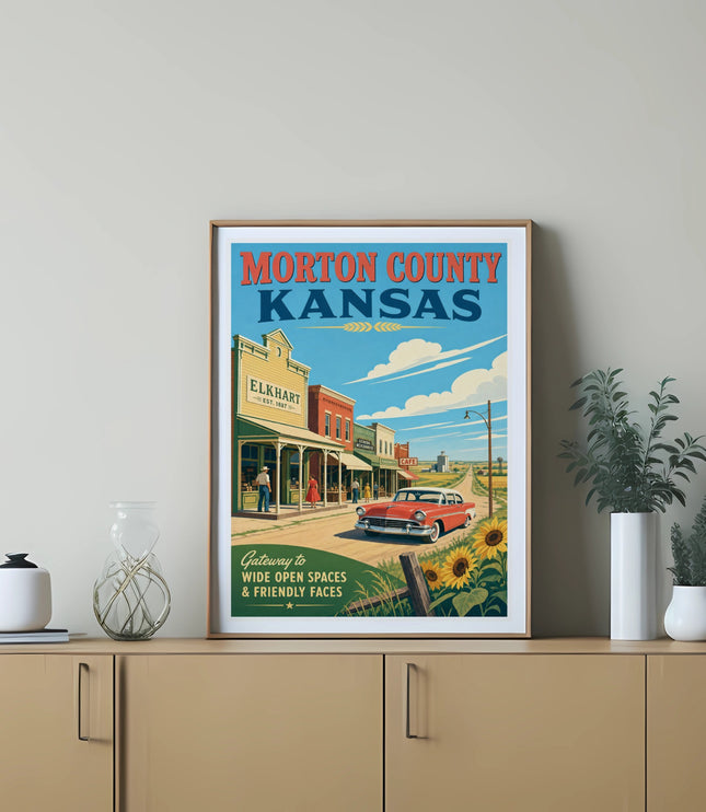 Vintage poster of Elkhart, Kansas, with a red car and text "Morton County Kansas".