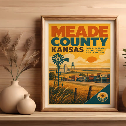 Meade County, Kansas poster with windmill, buildings, and text.