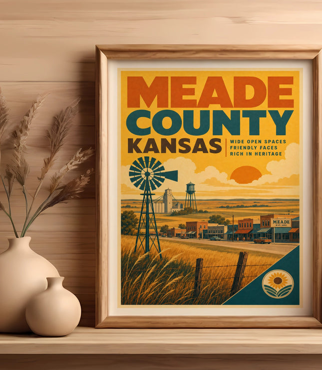 Meade County, Kansas poster with windmill, buildings, and text.