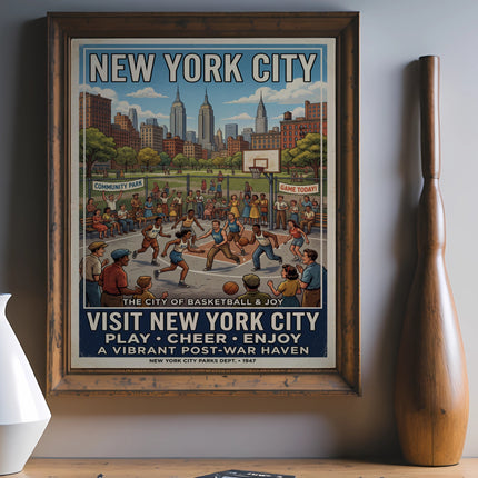 New York City 1947 poster depicting basketball in a community park.