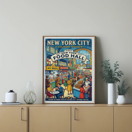 New York City Food Hall poster with various food items and landmarks.