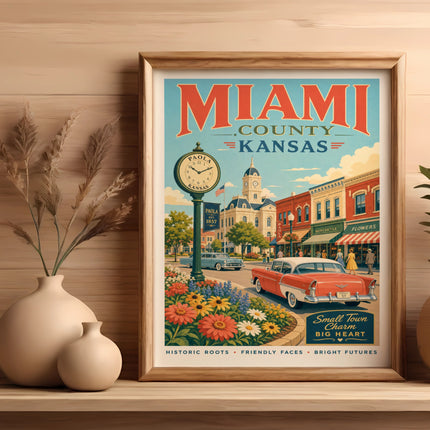 Poster of Miami County, Kansas, featuring Paola and vintage cars.