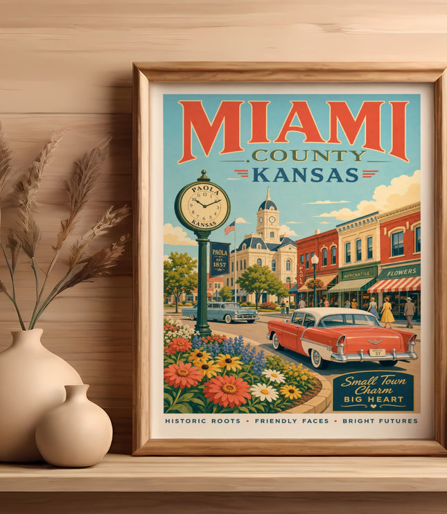 Poster of Miami County, Kansas, featuring Paola and vintage cars.
