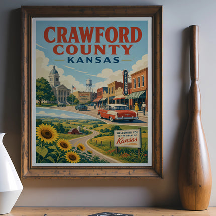 Vintage Crawford County, Kansas travel poster with sunflowers and town scene.