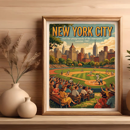 Vintage New York City baseball poster with skyline and crowds.