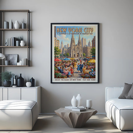New York City poster showing St. Patrick's Cathedral Plaza during summer.