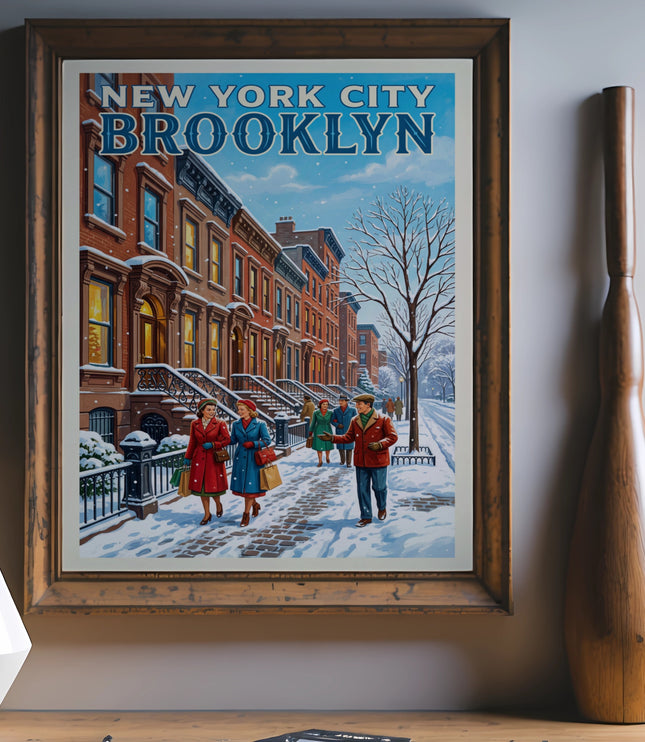 Vintage New York City Brooklyn winter street scene with people and brownstones.