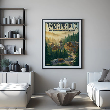 Poster of Banner Elk, North Carolina's Alpine Village with vintage cars.