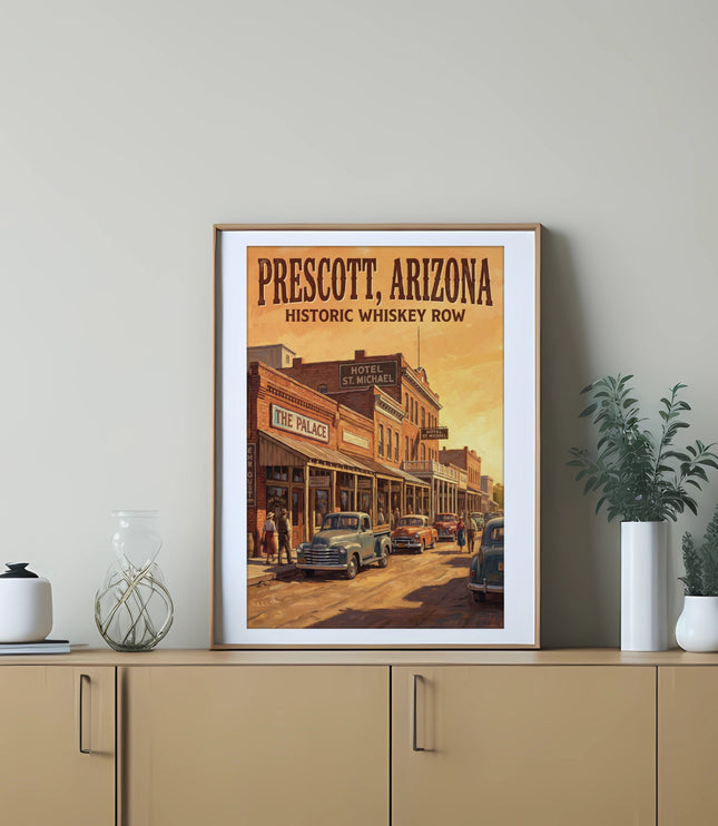 Prescott, Arizona Historic Whiskey Row with vintage cars and buildings.