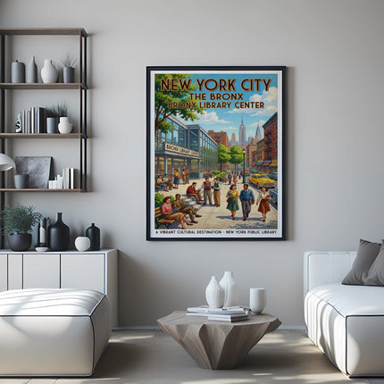 New York City The Bronx Library Center poster depicting street scene.