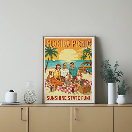 Family picnic on a Florida beach with palm trees and a vintage car.