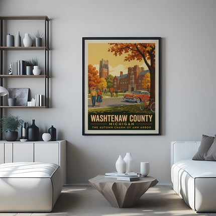 Poster of Washtenaw County, Michigan, featuring autumn scenes of Ann Arbor buildings.