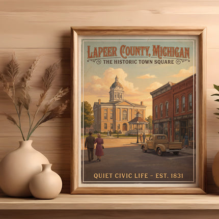 Lapeer County, Michigan historic town square with people, truck, and buildings.