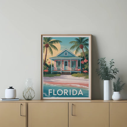 Illustration of a Florida beach house with palm trees and flamingos.