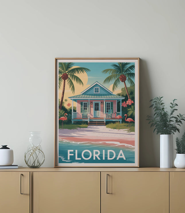 Illustration of a Florida beach house with palm trees and flamingos.