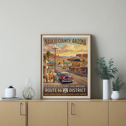 Navajo County, Arizona Route 66 poster with family and vintage cars.