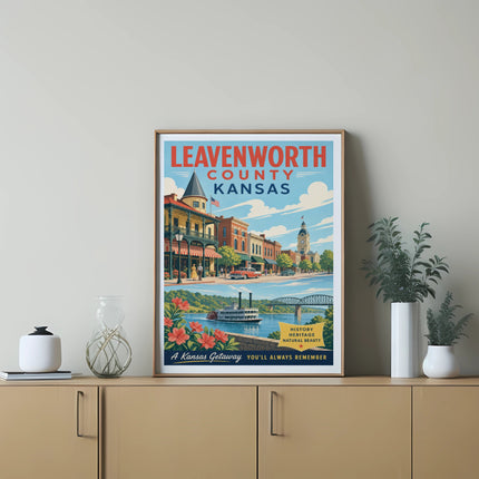 Leavenworth County Kansas poster with historical buildings, river, and text.