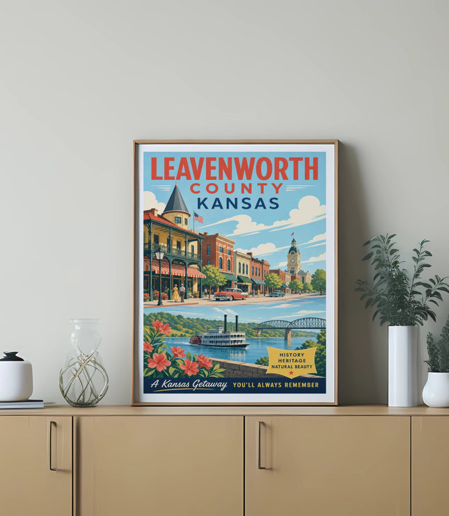 Leavenworth County Kansas poster with historical buildings, river, and text.