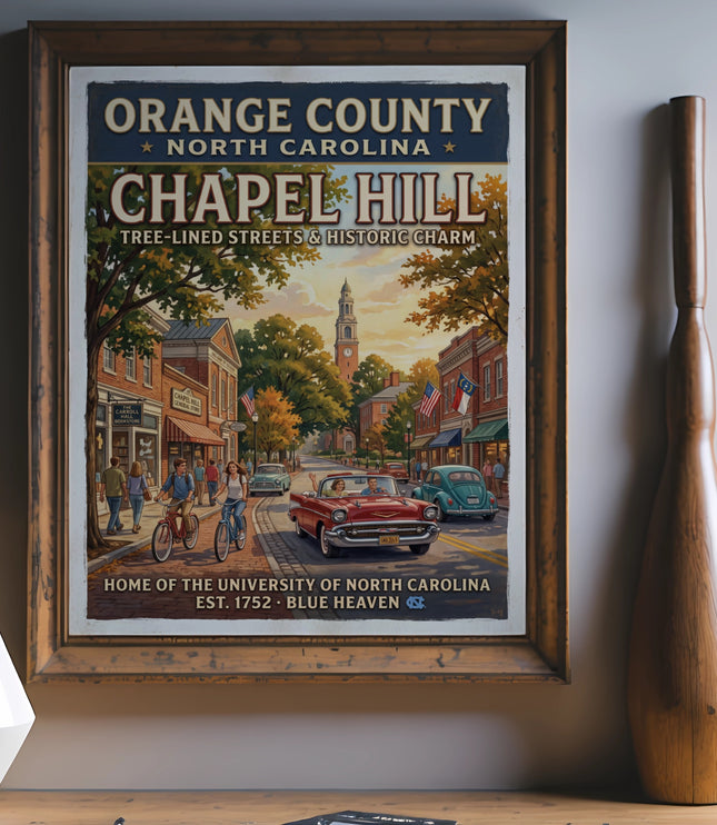 Orange County North Carolina Chapel Hill vintage travel poster depicting town square.