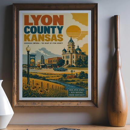Lyon County Kansas travel poster with Emporia landmark and sun.