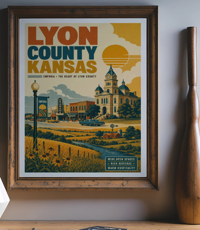 Lyon County Kansas travel poster with Emporia landmark and sun.